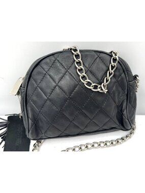 Vintage 90's Black Quilted Leather Crossbody Bag Silver Chain Tassel Handbag